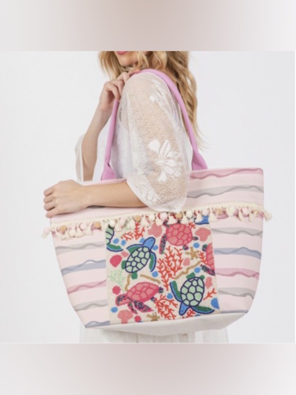 Striped Tote Beach Bag with Colorful Turtle Embroidery